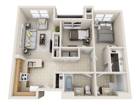 Floor plan for 2 beds, 2 baths, 1065 sqft